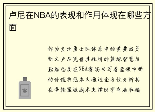 卢尼在NBA的表现和作用体现在哪些方面